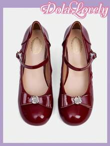 Dola Lovely 可爱优雅的蝴蝶结玛丽珍高跟鞋，适合春节、复活节的春季鞋子 - 酒紅色 - 查看 5