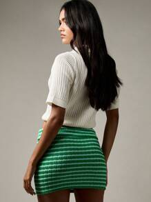 MISSGUIDED 罗纹针织迷你裙 Y2K 美学条纹折叠设计弹力纹理春季俱乐部派对节日假期夏季沙滩装迷你裙 - 彩色 - 查看 2