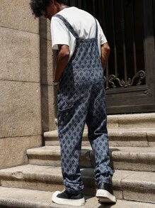 PAVTROS Manfinity Streetrush Men's Navy Argyle Print Casual Denim Bib Overalls