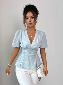 Elenzga Elegancka koszula damska z dekoltem w serek, dopasowana w talii, o kroju litery A, z krótkim rękawem, teksturowana, gładka, wiosna/lato - Niebieski - Zobacz 5