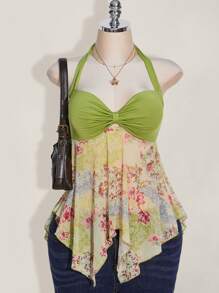 SHEIN ICON 大码女式夏季休闲荷叶边不对称下摆蝴蝶结挂脖上衣 - 彩色 - 查看 1