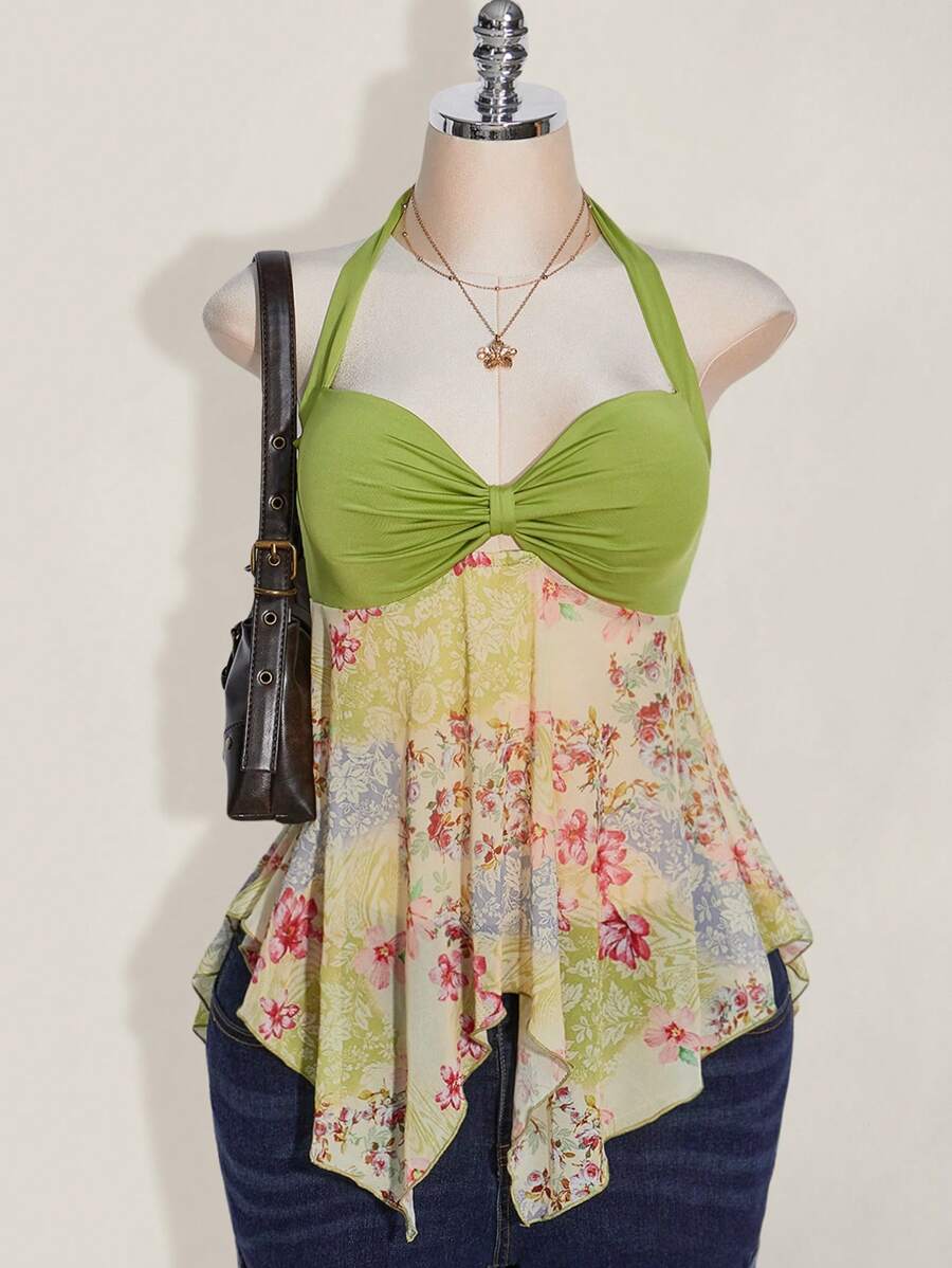 SHEIN ICON 大码女式夏季休闲荷叶边不对称下摆蝴蝶结挂脖上衣 - 彩色 - 查看 1