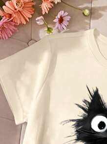 Tween Girls Casual Comfortable Minimalist Cat Graphic Short Sleeve Round Neck T-Shirt, Suitable For Summer, School, Campus, College - Beige - View 3
