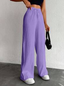 EURMUSE Petite Women's Solid Color Long Waist Drawstring Pants - Lilac Purple - View 5
