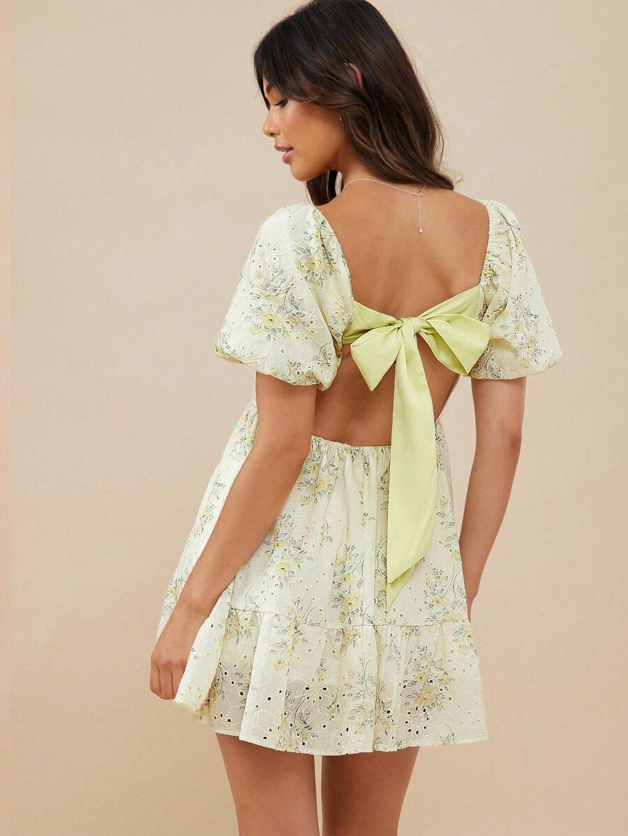 WESTFADE Floral Print Square Neck Ruffle Hem Summer Short Sleeve Dress - Yellow - View 1