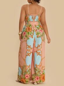Travachic Plus Size Women Pink Floral Painting Print Sleeveless Jumpsuit,Front Bowknot Boho Summer Vacation Holiday Resort Beach Tropical Outfits With Pockets - Multicolor - View 2