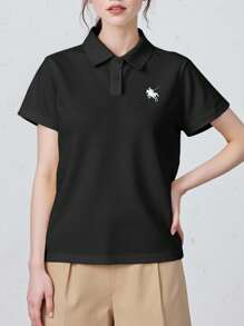 女式骑士印花短袖休闲 Polo 衫 - 黑色 - 查看 4