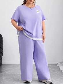 SHEIN CURVE+ Plus Size Women 2Pcs Set, Casual Loose Print Top And Wide Leg Pants Suit