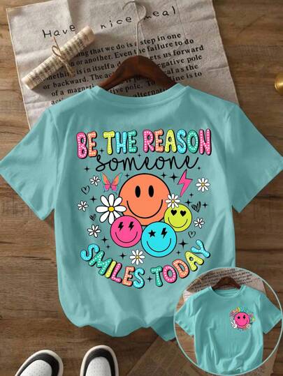 Glissea Women's Summer Slogan & Smiling Face Print Short Sleeve Casual Crew Neck T-Shirt