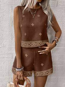 SHEIN LUNE 2pcs/Set Women Summer Floral Print Round Neck Sleeveless Shirt & Shorts Casual Set - Brown - View 3