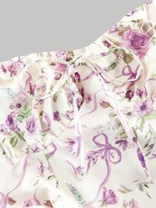 SHEIN X Hannahelzahed SHEIN MOD 女士杏色花卉印花挂脖褶饰蝴蝶结连衣裙 - 杏色 - 查看 3