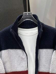 SHEIN Tween Boy 基本款休闲宽松前开撞色针织开衫，适合通勤、上学、日常休闲、运动、春夏秋冬 - 寶藍色 - 查看 5