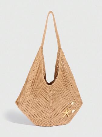 Fairycore 1 pieza Bolso de playa tipo tote de mujer de gran capacidad, tejido hueco de color caqui, con decoración de conchas y estrellas de mar de estilo vacacional tropical y oceánico