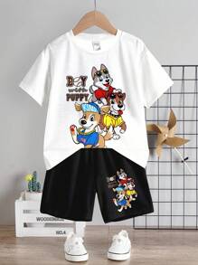 SHEIN 2pcs Boys Casual Minimalist Short Sleeve Top And Shorts Set, Suitable For Summer Boy With Puppy Clothes Cartoon Graphic Tee Boys Kids Clothes Boys Summer Outfit Set Boys Clothes Set Dog Graphic Tee Shirt Boys - White - View 2