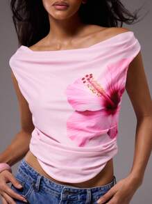 MUSERA Graphic Flower Detail Asymmetric Off The Shoulder Top Summer Fun Holiday Vacation Ibiza Festival Going Out Tops Spring - Pink - View 3
