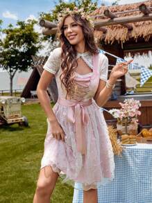 LanaWest 方领编织缎带网眼刺绣围裙连衣裙，春夏，连衣裙