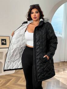 SHEIN EZwear 女士加大码长袖拉链前拼接毛茸茸连帽休闲冬季夹克 - 黑色 - 查看 6