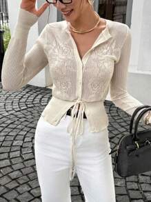 Siren Gaze 杏色镂空花朵羊毛长袖收腰开衩羊毛上衣老款返校教师装女装冬装女装花卉提花针织圆领长袖单排扣白色开衫