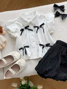 Set de 2 piezas con camisa informal de rayas tejida y falda corta de vuelo con estampado floral para niñas jóvenes - Blanco - Ver 4