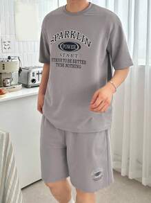 DAZY Bộ áo phông nam in chữ màu xám, mùa hè - Xám - Xem 6