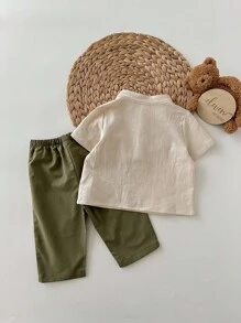 SHEIN 2 件套男婴/女婴可爱休闲学院风短袖衬衫和松紧腰裤套装，适合生日派对、晚会、表演、婚礼、婴儿洗礼和 1 岁生日庆祝活动 - 彩色 - 查看 5