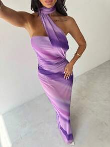 Firerie 新款优雅不对称肩部蝴蝶结紫色渐变网眼连衣裙/薰衣草紫色裙子/露肩挂脖蝴蝶结裙/校服/乡村风女装/休闲度假连衣裙/波西米亚风女装 - 彩色 - 查看 4