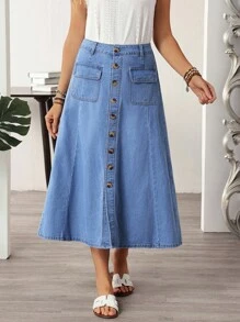 EMERY ROSE Chân váy denim đơn hàng túi hộp thường ngày cho nữ - Màu xanh lam - Xem 7