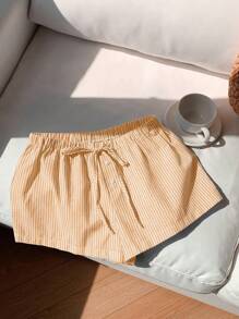 SHEIN EZwear 女士条纹棉麻休闲短裤，夏季 - 黃色 - 查看 4