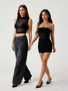 SHEIN PETITE Vestido mini tubo negro sexy ajustado con pliegues y malla de unicolor para mujer - Negro - Ver 7