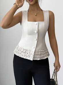 SHEIN Unity Women's Elegant Square Collar Sleeveless Blouse With Ruffle Hem, Slim Fit Commuter Shirt, Spring/Summer - Apricot - View 1