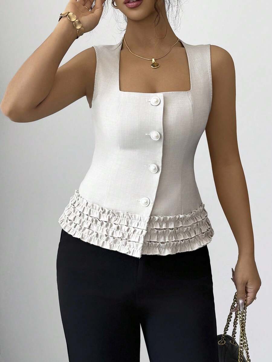 SHEIN Unity Women's Elegant Square Collar Sleeveless Blouse With Ruffle Hem, Slim Fit Commuter Shirt, Spring/Summer - Apricot - View 1