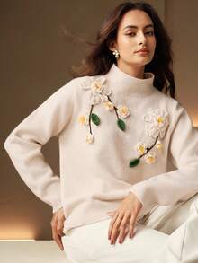 Anewsta Áo len cổ cao thanh lịch với thiết kế hoa trà 3D, thời trang sành điệu cho mùa thu/đông - Màu Khaki - Xem 1