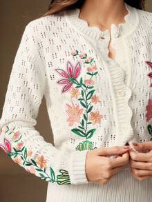 Anewsta Women's Floral Embroidery Hollow Out Long Sleeve Single-Breasted Cardigan - White - View 5