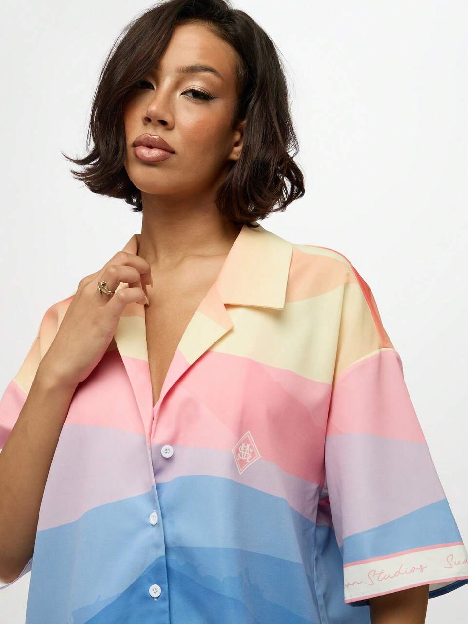 SUMWON Resort Vacation Button Up Blouse Collared Hawaiian Ombre Watercolor Print Summer Beach Cover Lounge Wear Relaxed Fit Pastel Rainbow