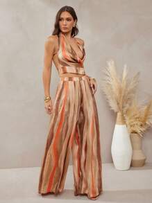 L'Amorae Women Abstract Satin Printed Wide Leg Pleated Pants, Summer Boho Back To School, Vacation