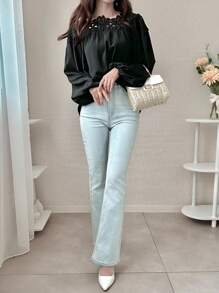 FRIFUL Women's Black Contrast Lace Gathered Cuff Loose Casual Versatile Blouse, Autumn Long Sleeve Top