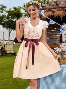 LanaWest Spring And Summer Sleeveless Square Neckline Printed Ribbon Apron Dress, Dirndl - Orange - View 3