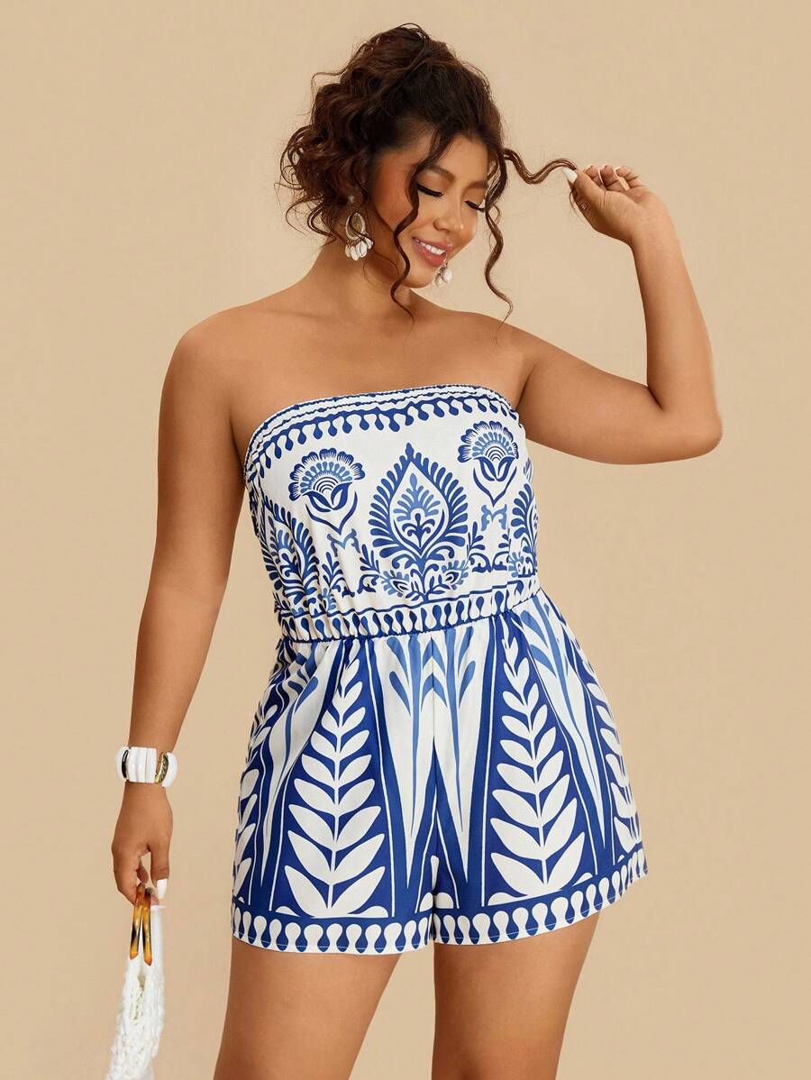 SHEIN VCAY Plus Size Women's Casual Tropical Geometric Hand Painted Print Halter Jumpsuit/Romper, Suitable For Summer & Autumn