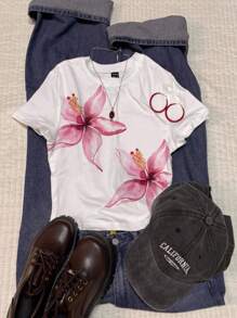 Attitoon 女士休闲花卉印花圆领短袖修身T恤，适合夏季度假