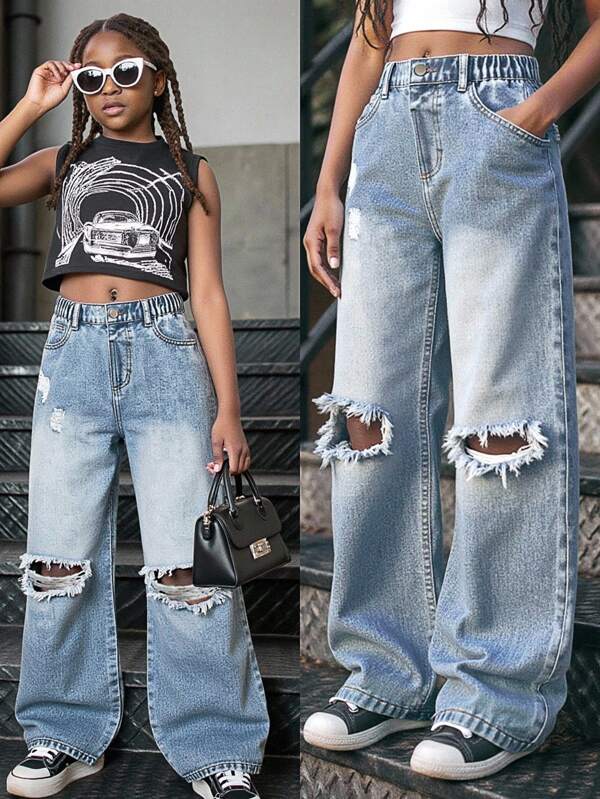Plus Size Girls Casual Distressed Boyfriend Loose Fit Wide Leg Jeans, Vintage American Style