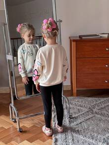 SHEIN Bộ áo len cổ tròn dễ thương thời trang thường ngày cho bé gái có tay dài in họa tiết và quần bó - Màu be - Xem 5