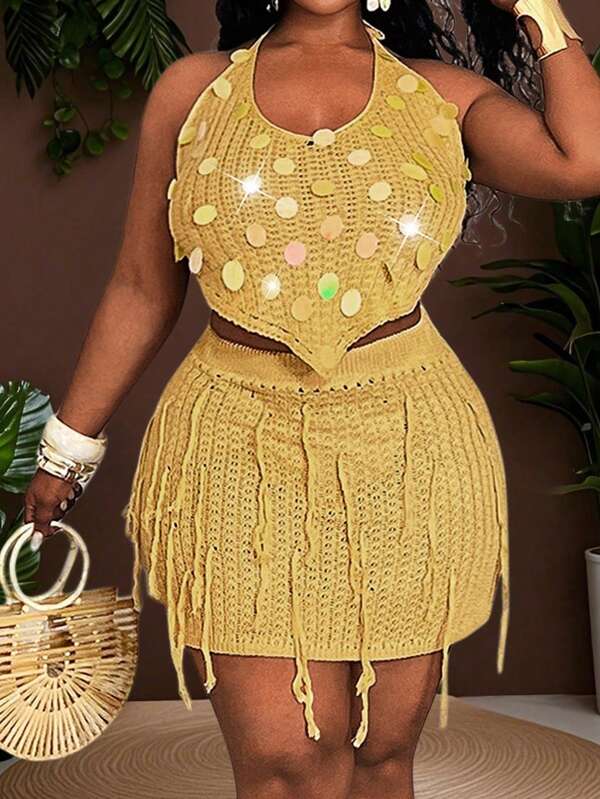 Slaydiva Spaghetti Strap Camisole Skirt Set, Flattering Fit, Versatile & Chic, Featuring Hollow Out, Sequined Splice Crochet Tassel Asymmetrical Knitted Camisole Top And Mini Skirt, Suitable For Beach Vacation And Leisure Plus Size 2 Piece Sets Brunch Outfits Clothes