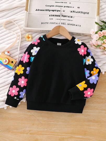 SHEIN Young Girl Casual 1pc Cute Colorful Floral/Flower Pattern Patchwork Knitted Round Neck Long Sleeve Sweatshirt, Pullover,Sporty Street Style,Back-To-School ,Daily Wear,For Halloween, Flower Sweatshirt For Girls Black Sweatshirt For Girls Cute Sweatshirts For Toddlers,In Fall/Winter