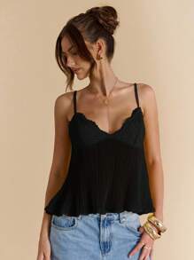 SHEIN BAE 女士纯色深V领黄色/柔黄色蕾丝拼接宽松雪纺蕾丝吊带背心、节日吊带背心、荷叶边蕾丝吊带背心、沙滩节日吊带背心、音乐节背心、春夏 - 黑色 - 查看 1