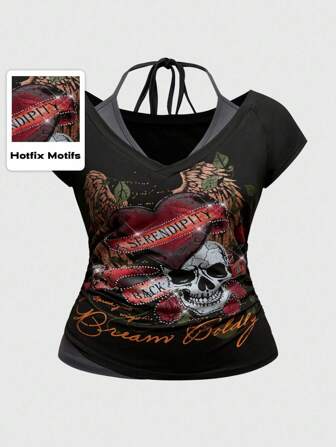 Grunge Punk Plus Size Retro Y2K Skeleton Wing Heart Print Rhinestone Embellished Faux Two Pieces V-Neck Striped Contrast Color Halter Bowknot Women T-Shirt
