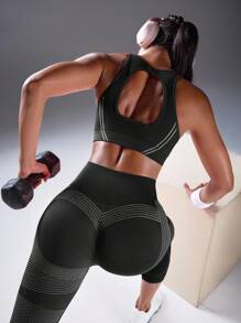 Powerista 女士条纹镂空设计短款运动文胸，适合日常锻炼 - 黑與白 - 查看 2