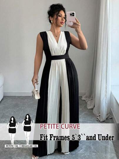 SHEIN PETITE Büyük Beden Kadın Pileli V Yakalı Bel Büzgülü Geniş Paça Tulum, Rahat Şık Seyahat Tatili