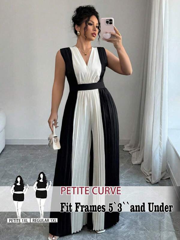 SHEIN PETITE Plus Size Women's Pleated V-Neck Cinched Waist Wide Leg Jumpsuit, Casual Elegant Commute Vacation