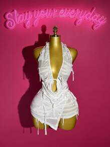 Slaydiva 2025 New Summer Birthday Party, Back-To-School, Student Daily, Casual, Vacation, Cruise, Beach, Sundress Sexy Open Back Tie-Up Women 2-Piece Set With Asymmetrical Hem Skirt/Shorts, Tassel Distressed Fabric Y2k - White - View 5