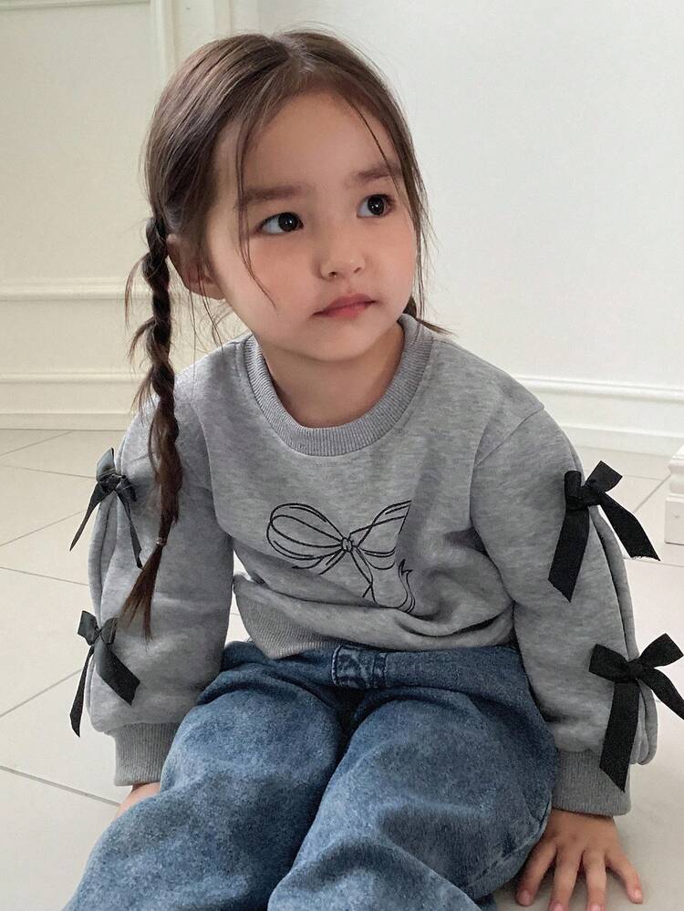 Baby Girl Bow Print Crew Neck Long Sleeve Casual Sweatshirt